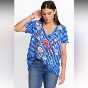 Johnny Was Catalina Everyday Tee Blue Striped Floral Embroidery